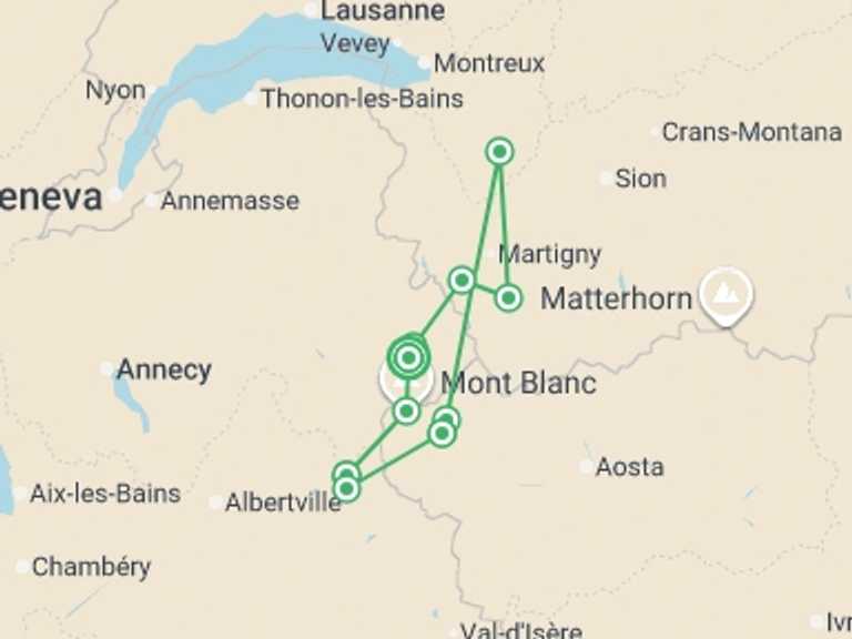 Map of a Trekking and Hiking Tour with 10 destination visits for the trip: Tour du Mont Blanc Hotel Trek