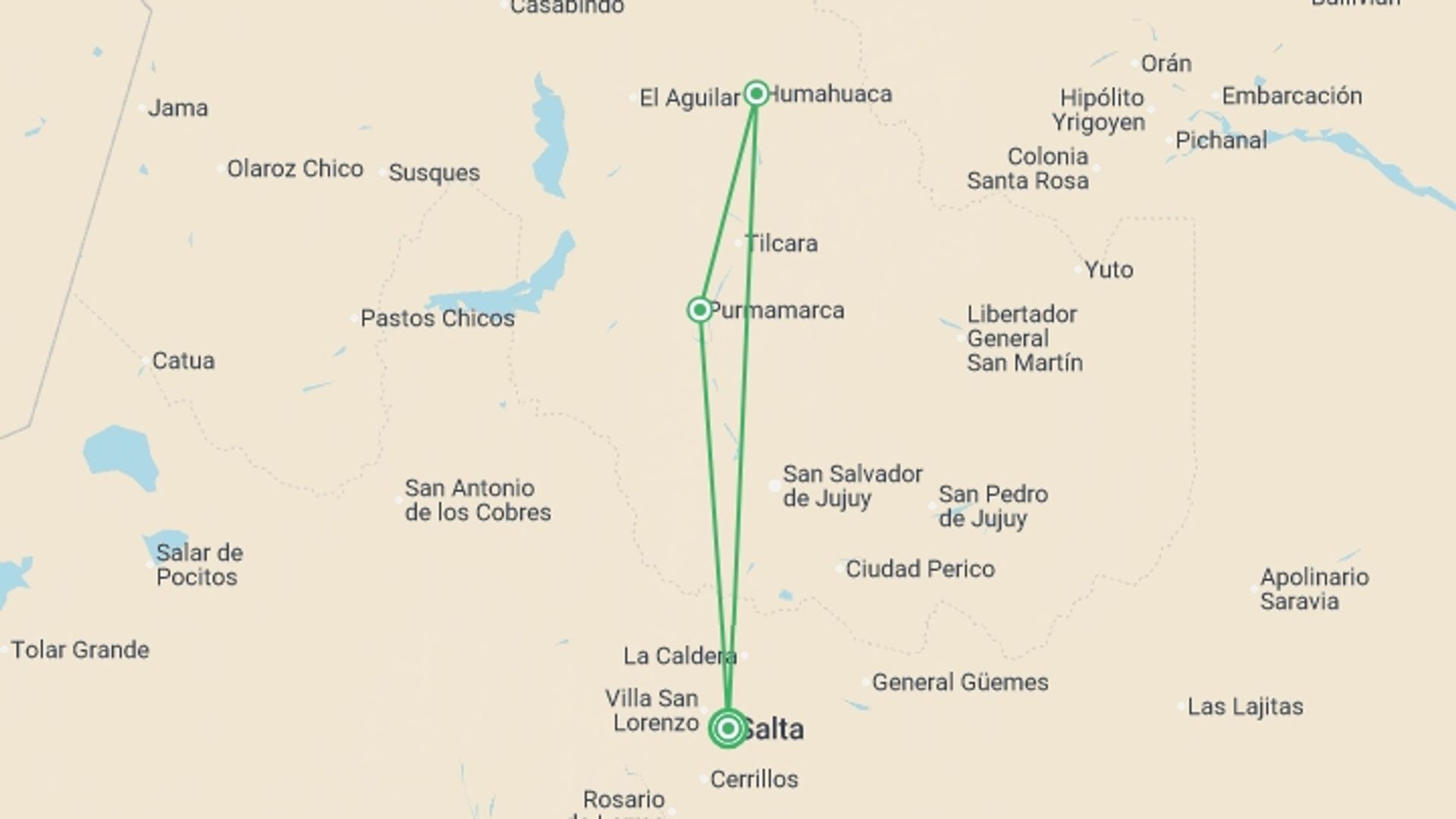 A map showing the tour itinerary for the trip: Salta Desert Explorer 5D/4N, starting in Salta, Argentina and ending in Salta, Argentina going through 2 other destinations.