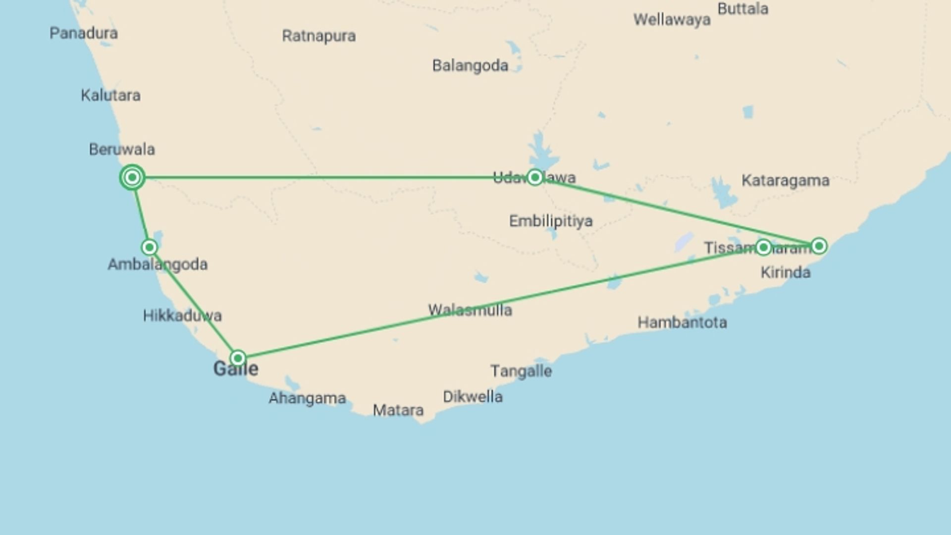 A map showing the tour itinerary for the trip: Yala & Galle 2 Days, Private Tour, starting in Bentota, Sri Lanka and ending in Bentota, Sri Lanka going through 1 other destinations.