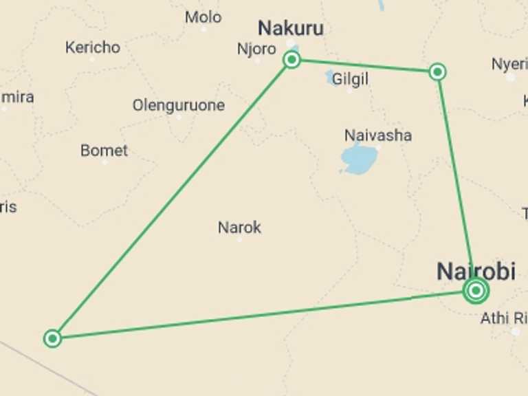 Map of Kenya Tour with 4 destination visits for the trip: Upgraded - Highlights of Kenya