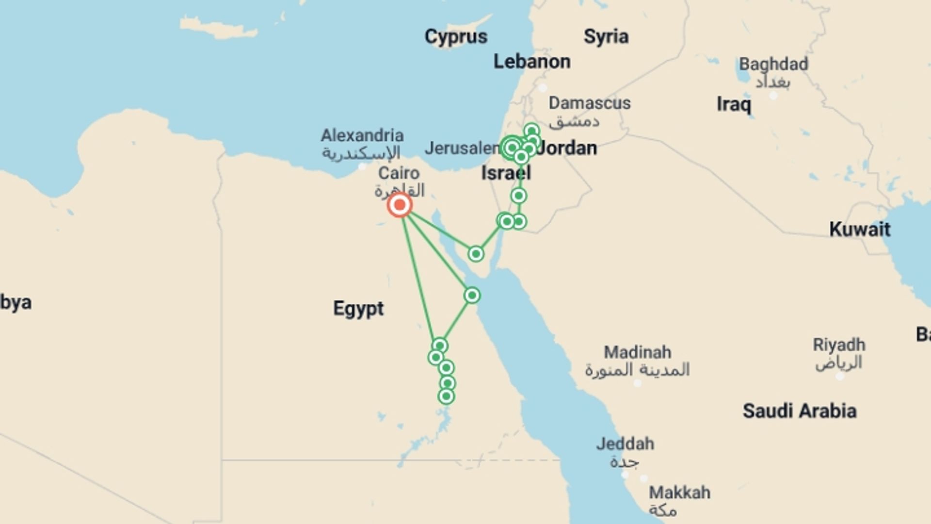 A map showing the tour itinerary for the trip: Jerusalem, Jordan and Eternal Egypt with Hurghada end Cairo, starting in Jerusalem, Israel and ending in Cairo, Egypt going through 8 other destinations.