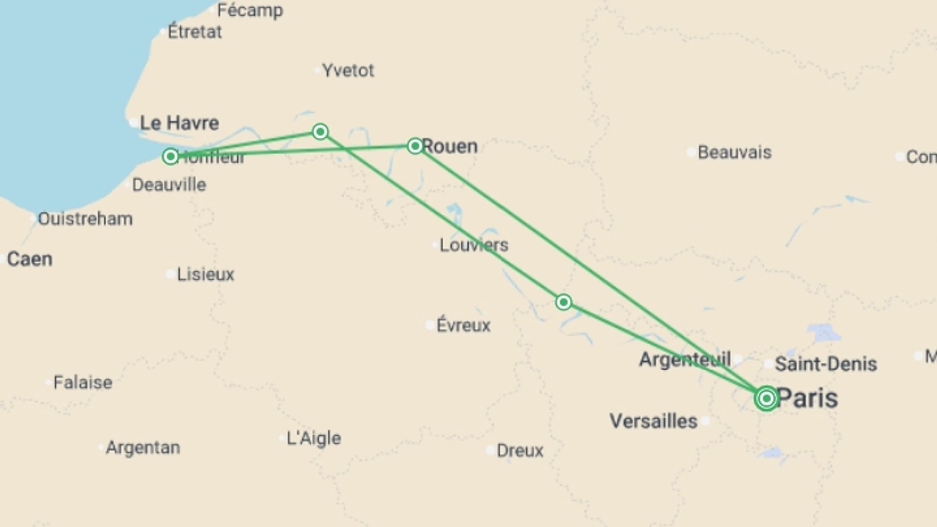 A map showing the tour itinerary for the trip: Impressionist Reflections Along the Seine (port-to-port cruise), starting in Paris, France and ending in Paris, France going through 5 other destinations.