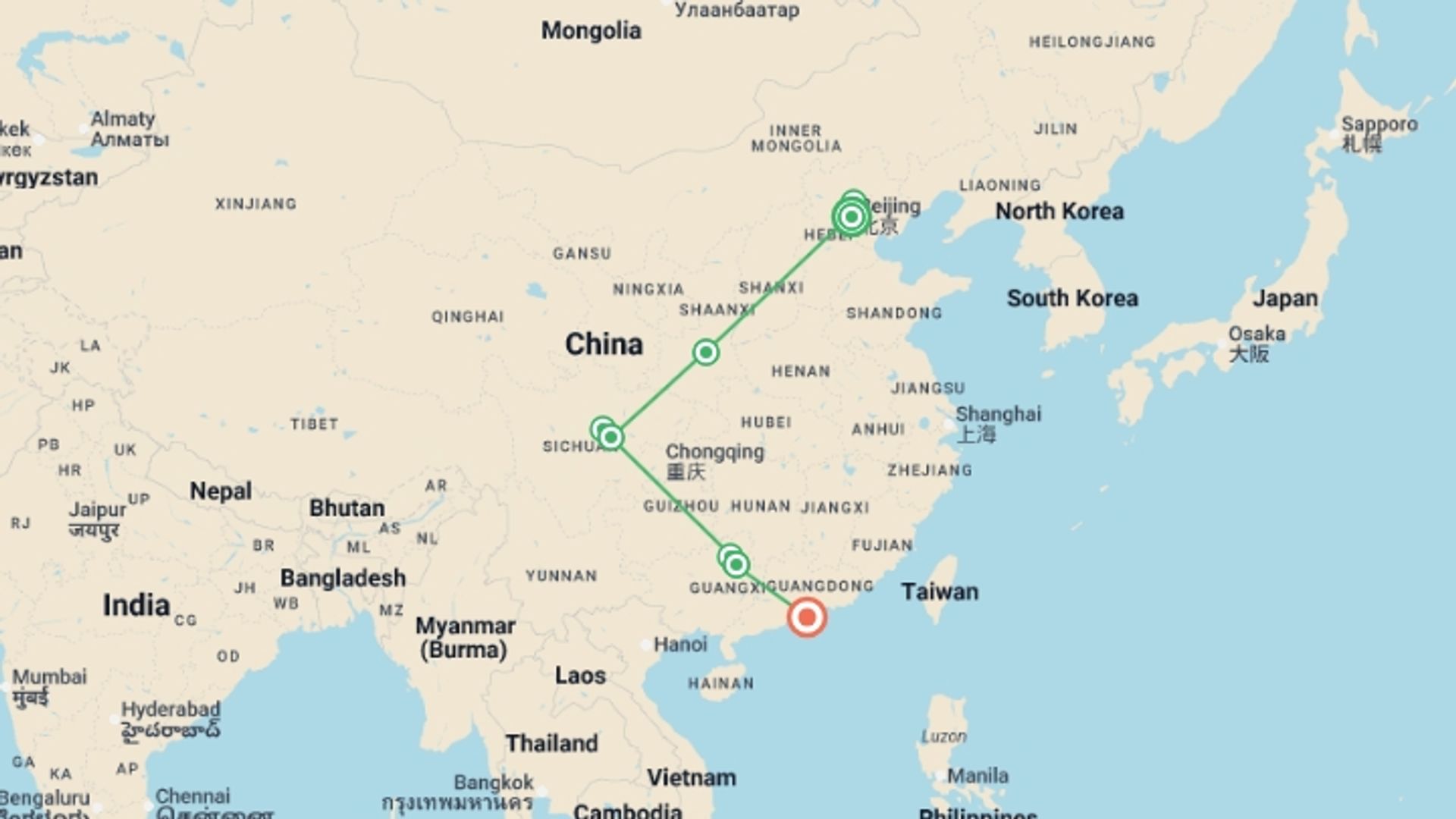 A map showing the tour itinerary for the trip: Beijing to Hong Kong Adventure, starting in Beijing, China and ending in Hong Kong, Hong Kong going through 3 other destinations.