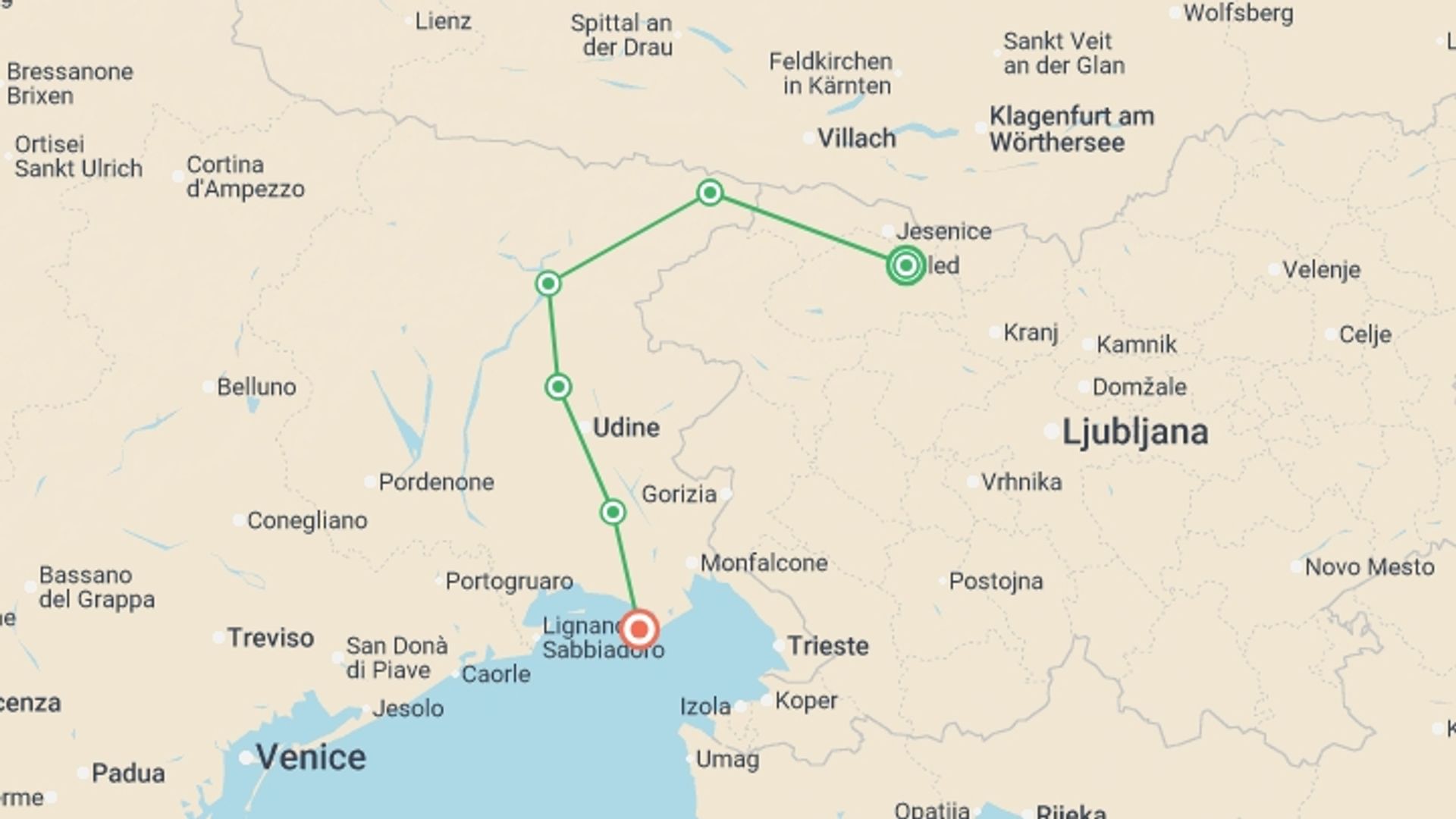 A map showing the tour itinerary for the trip: Julian Alps to the Adriatic Cycling, starting in Bled, Slovenia and ending in Grado, Italy going through 4 other destinations.
