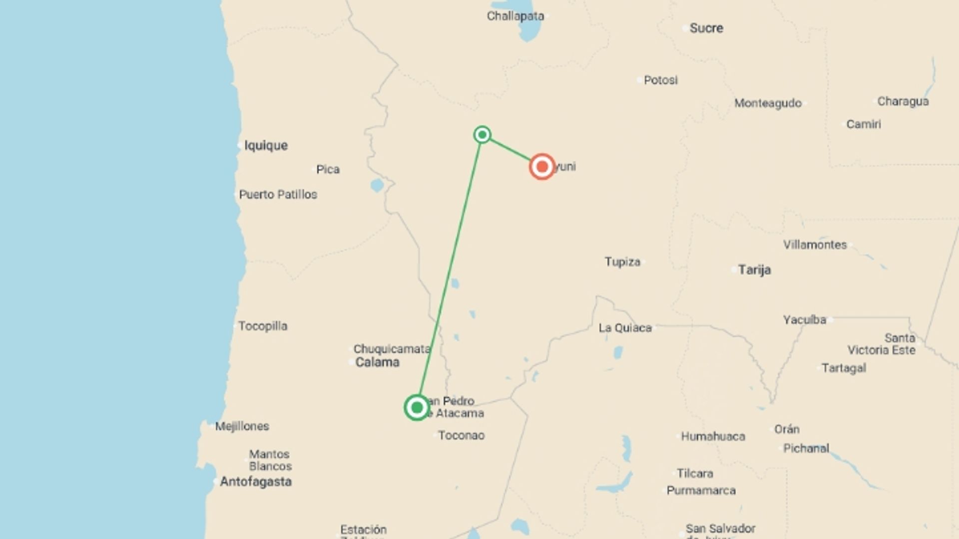 A map showing the tour itinerary for the trip: Uyuni Salt Flats & Desert Adventure 3D/2N (Atacama to Uyuni), starting in San Pedro De Atacama, Chile and ending in Uyuni, Bolivia going through 2 other destinations.