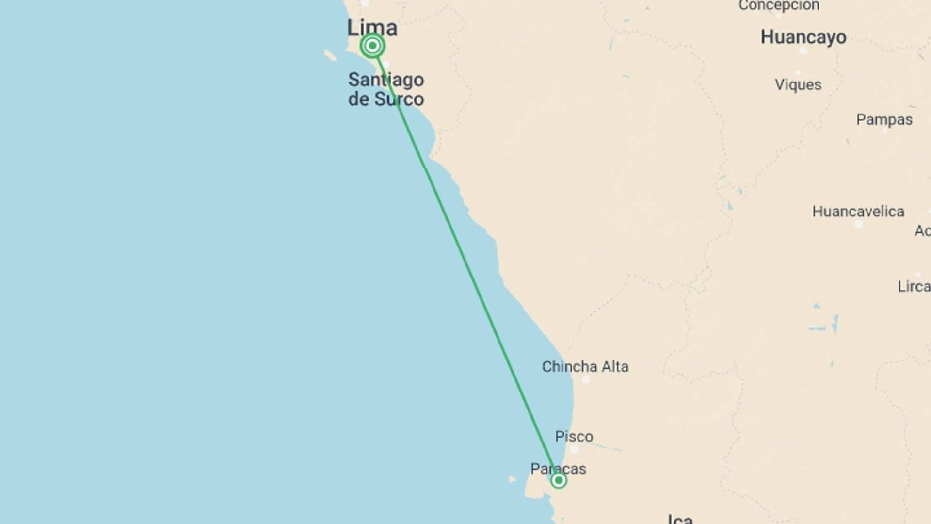 A map showing the tour itinerary for the trip: 2-Day Nazca Lines and Ballestas Islands from Lima, starting in Lima, Peru and ending in Lima, Peru going through 1 other destinations.