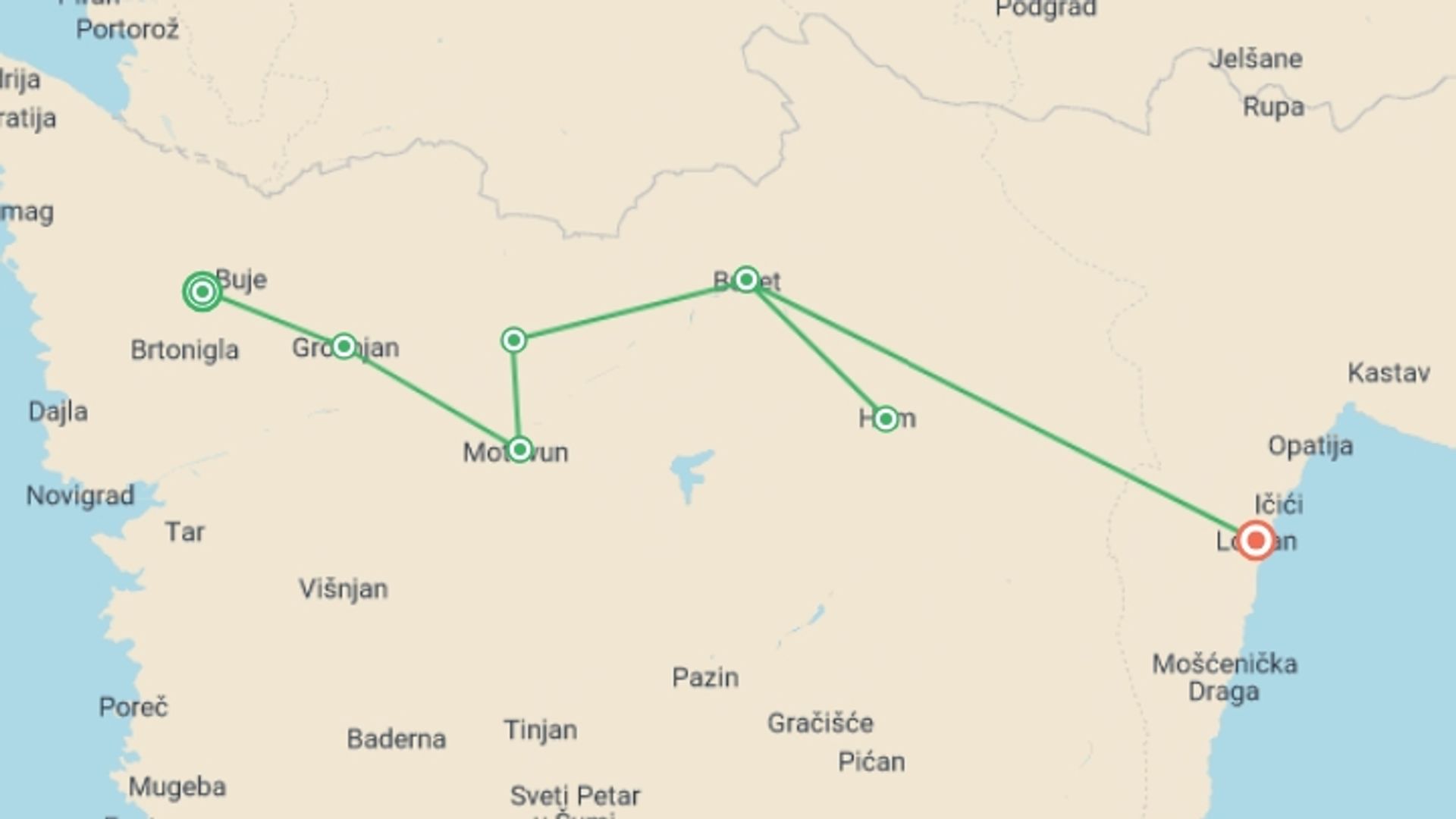 A map showing the tour itinerary for the trip: Villages of Istria Walk, starting in Buje, Croatia and ending in Lovran, Croatia going through 3 other destinations.
