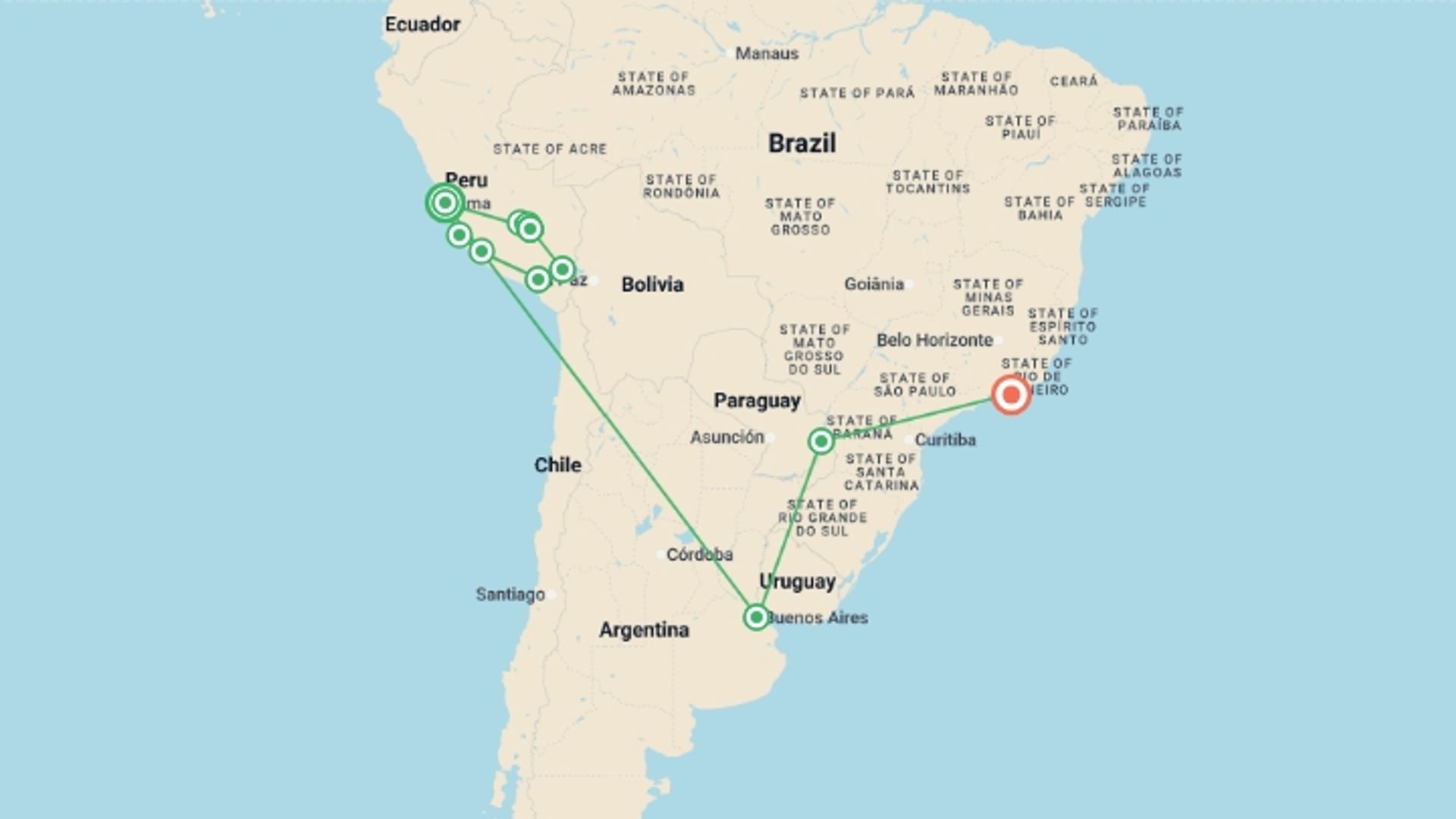 A map showing the tour itinerary for the trip: Best of Peru, Argentina & Brazil, starting in Lima, Peru and ending in Rio de Janeiro, Brazil going through 10 other destinations.