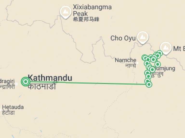 Map itinerary of Asia Tour in October 2026 with 18 destination visits for the trip: Everest Circuit & the Cho La in Comfort