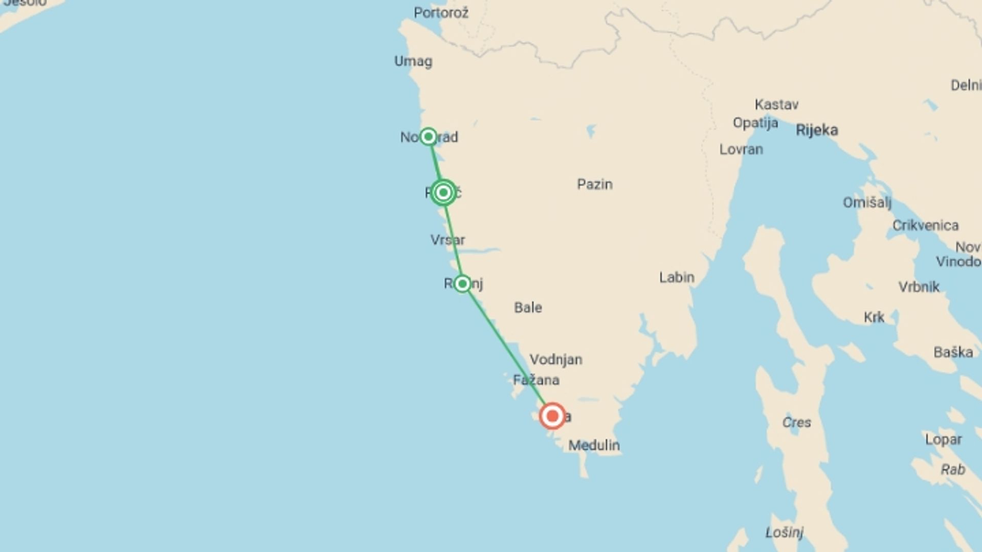 A map showing the tour itinerary for the trip: Cycling Croatia's Istrian Peninsula, starting in Porec, Croatia and ending in Pula, Croatia going through 2 other destinations.