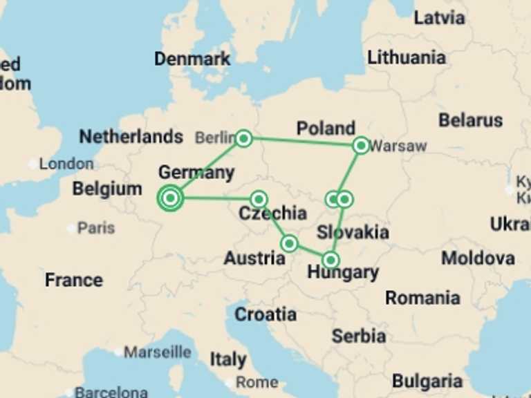 Map of 15-Day Europe Tour with 7 destination visits for the trip: Highlights of Bohemia