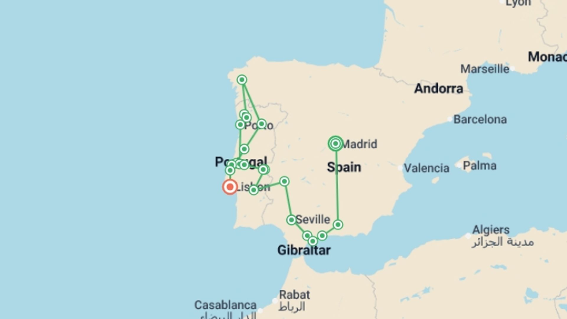 A map showing the tour itinerary for the trip: Andalusia and Portugal completely Madrid (Without Alhambra), starting in Madrid, Spain and ending in Lisbon, Portugal going through 6 other destinations.
