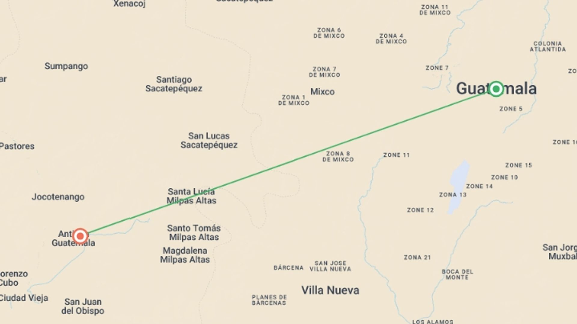 A map showing the tour itinerary for the trip: Welcome to Antigua 3D/2N (from Guatemala City Airport), starting in Guatemala City, Guatemala and ending in Antigua, Guatemala going through 0 other destinations.