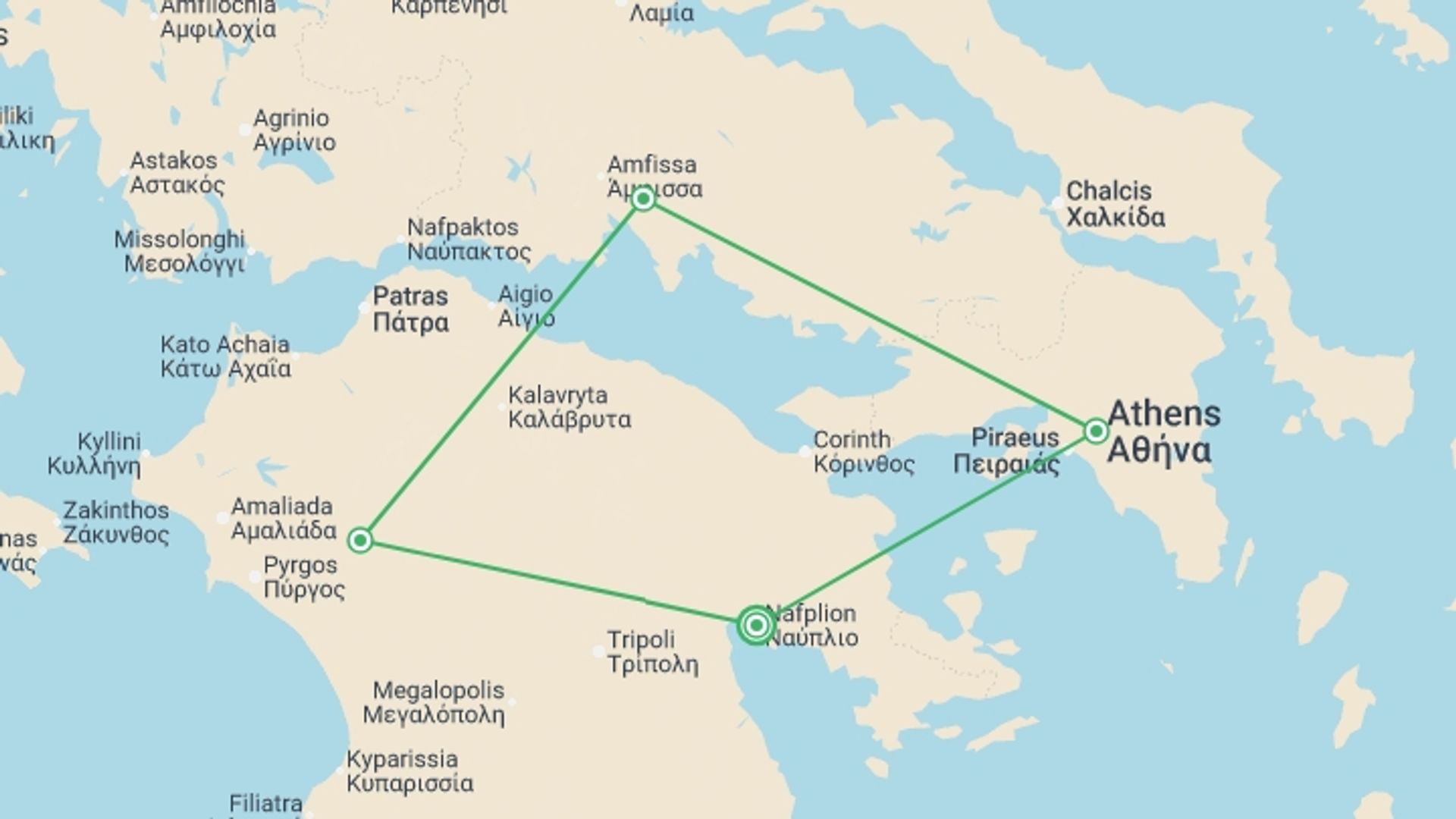 A map showing the tour itinerary for the trip: 4 Days Mainland Greece With Meteora And Nafplion, starting in Nafplion, Greece and ending in Nafplion, Greece going through 3 other destinations.