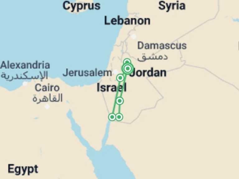Map itinerary of Jordan Tour in June 2026 with 6 destination visits for the trip: Upgraded - Treasures of Jordan