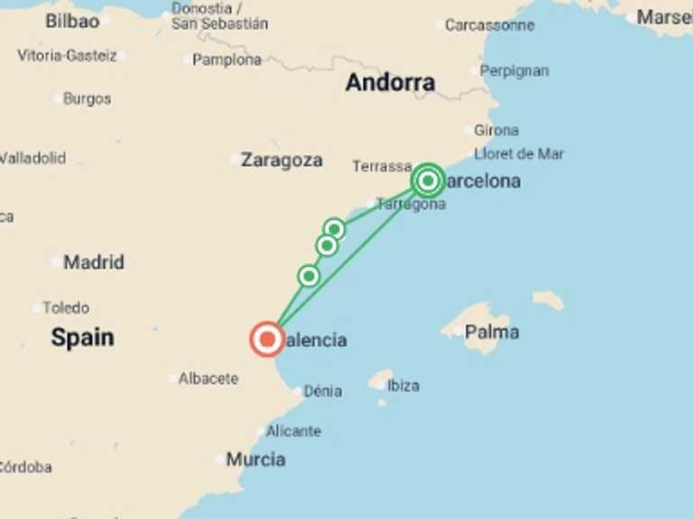 Map itinerary of Mediterranean Tour in Fall with 5 destination visits for the trip: Cycling the Mediterranean Coast in Spain
