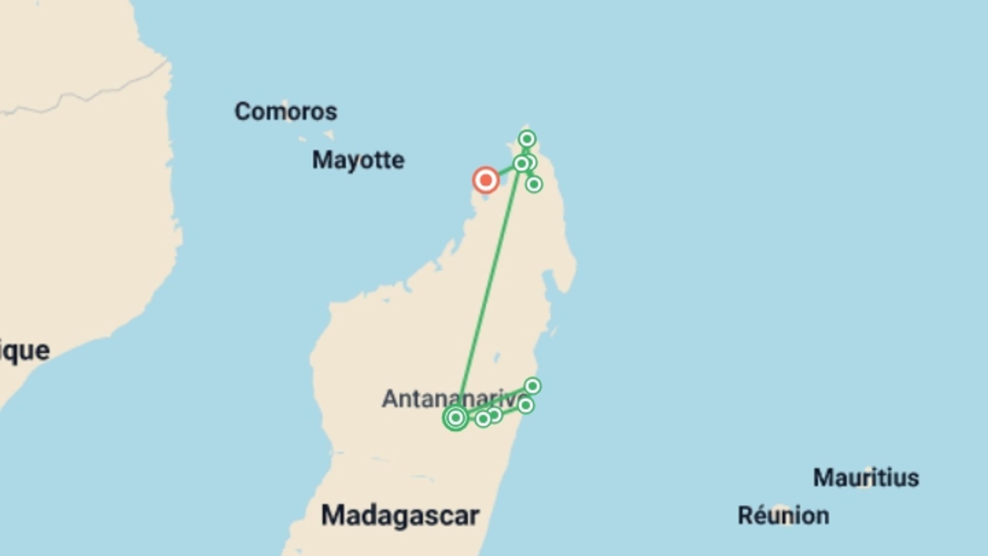 A map showing the tour itinerary for the trip: East Meets North: A Madagascar Adventure, starting in Antananarivo, Madagascar and ending in Nosy Be, Madagascar going through 8 other destinations.