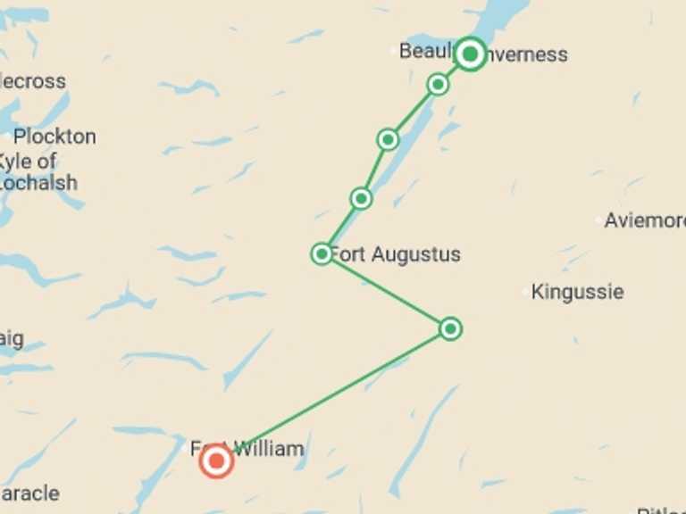 Map itinerary of Europe Tour in April 2027 with 7 destination visits for the trip: Scotland Coast to Coast Walk and Barge