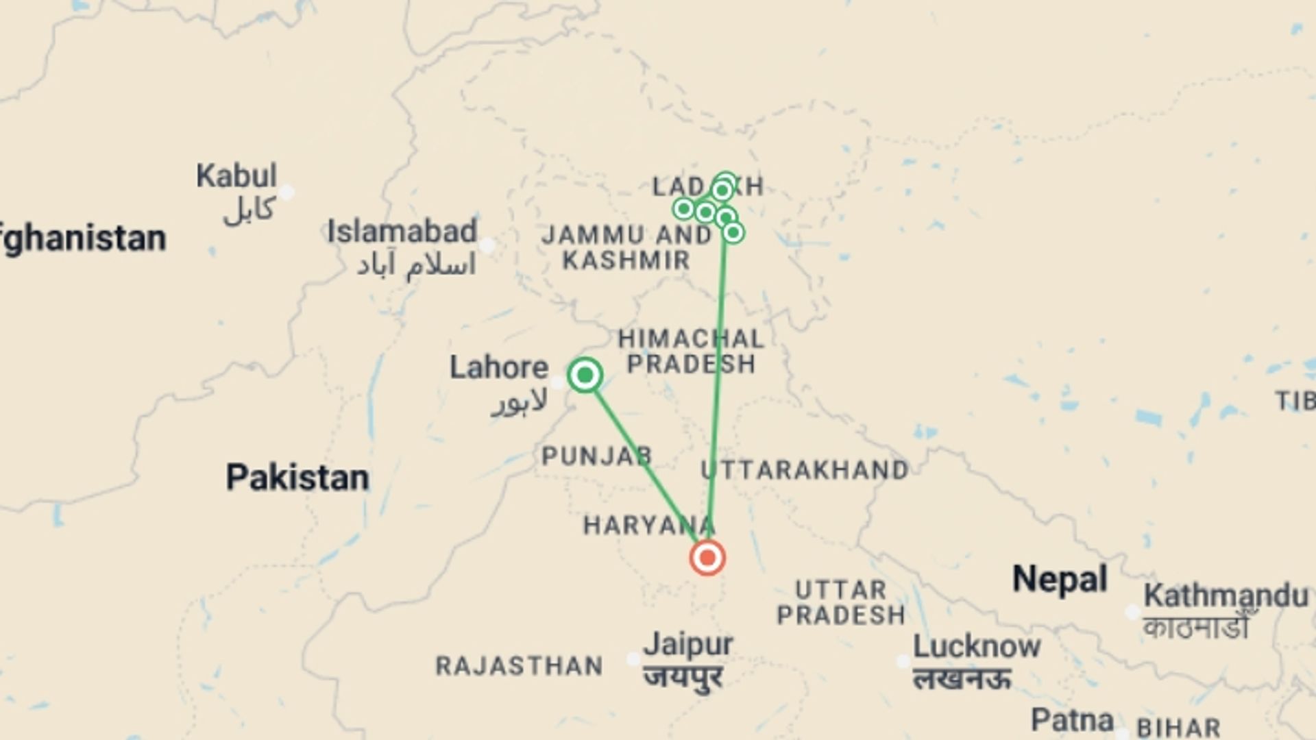 A map showing the tour itinerary for the trip: Discover India's Little Tibet and Nubra Valley, starting in Amritsar, India and ending in New Delhi, India going through 6 other destinations.