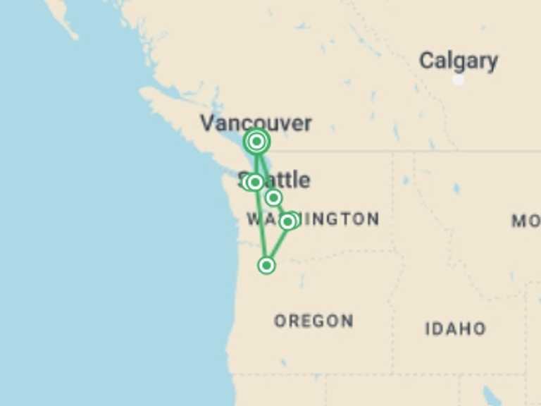 Map of 7-Day Canada Tour with 6 destination visits for the trip: Discover the Pacific Northwest