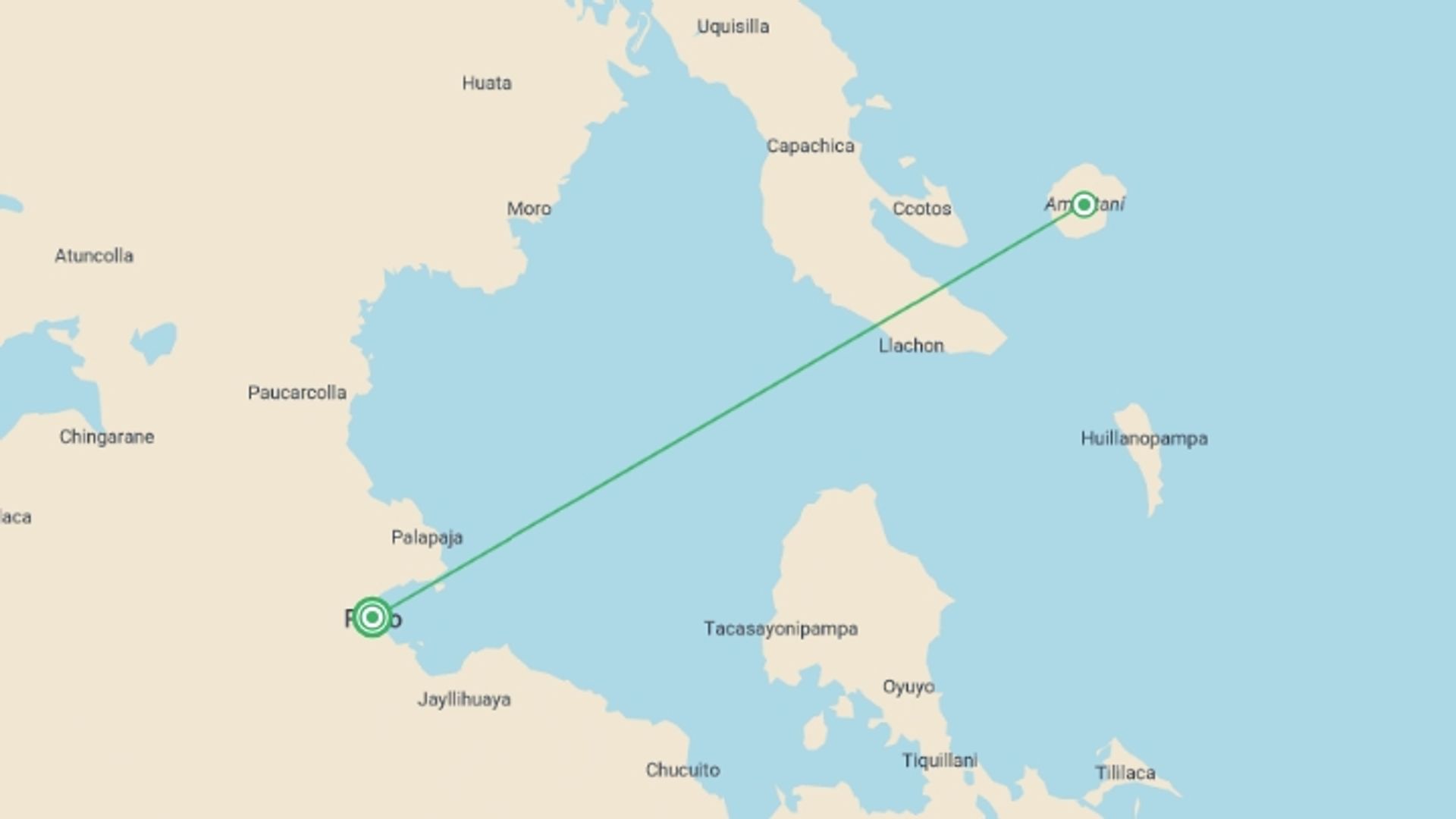 A map showing the tour itinerary for the trip: Lake Titicaca & Luquina Homestay 2D/1N, starting in Puno, Peru and ending in Puno, Peru going through 2 other destinations.