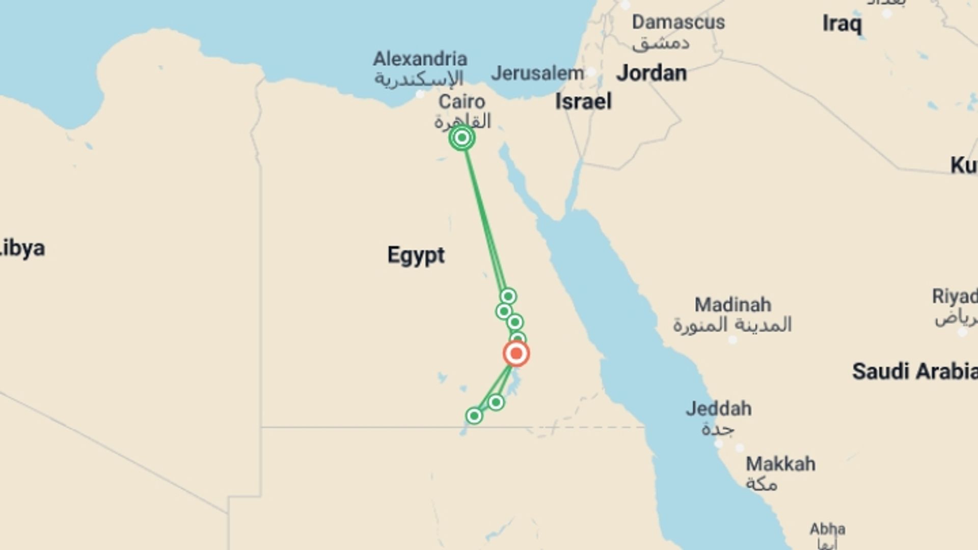 A map showing the tour itinerary for the trip: Cruising The Nile and Lake Nasser, starting in Cairo, Egypt and ending in Aswan, Egypt going through 4 other destinations.