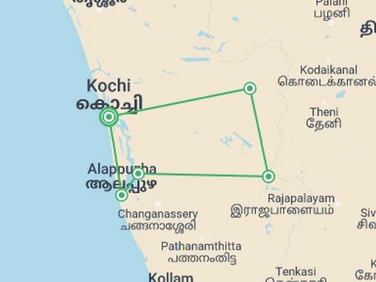 Map itinerary of India Tour in Summer with 5 destination visits for the trip: Exotic Kerala