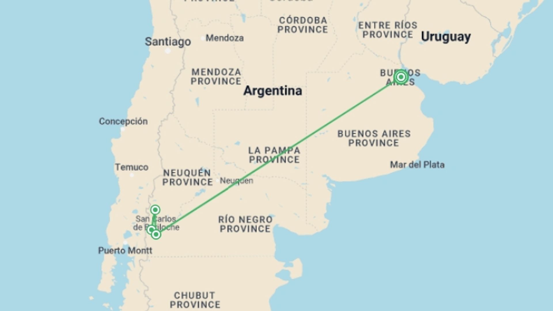 A map showing the tour itinerary for the trip: 8-Day Argentina Tour: Buenos Aires & Bariloche, starting in Buenos Aires, Argentina and ending in Buenos Aires, Argentina going through 4 other destinations.