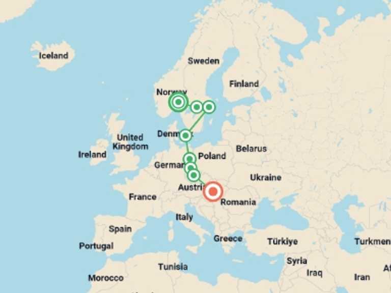 Map of Scandinavia Tour with 6 destination visits for the trip: Scandinavian and Eastern Europe, Ending in Budapest