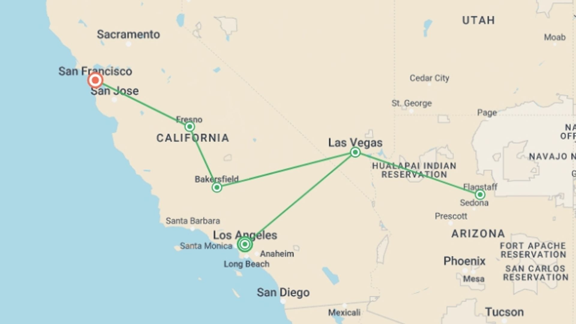 A map showing the tour itinerary for the trip: Dreams of the West end in San Francisco, starting in Los Angeles, USA and ending in San Francisco, USA going through 4 other destinations.