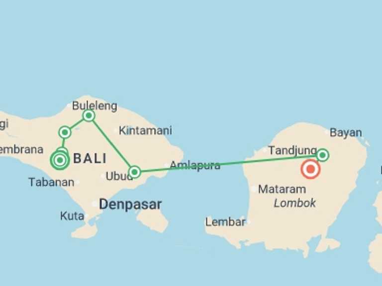Map of Bali Tour with 8 destination visits for the trip: Walking in Bali and Lombok