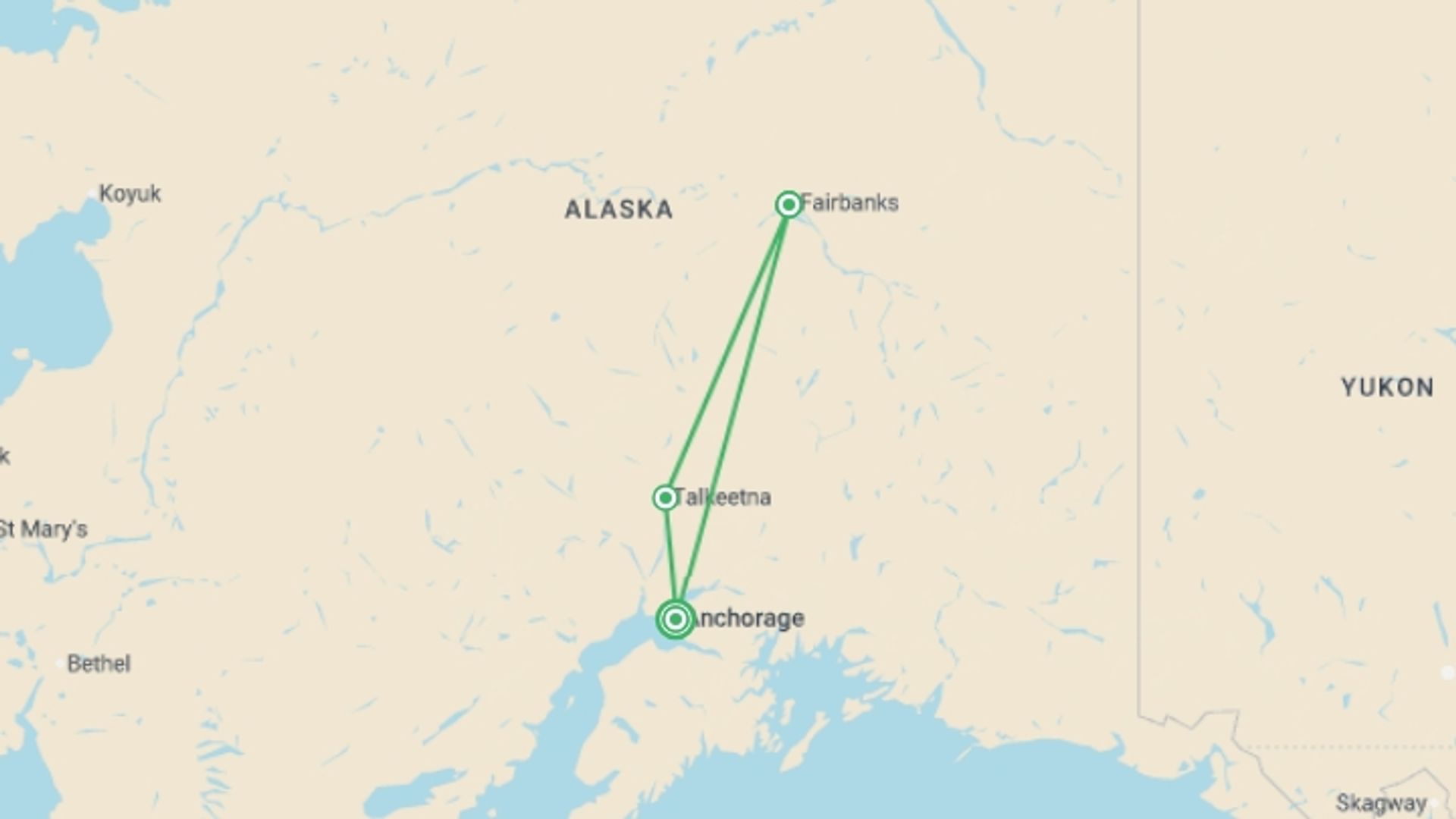 A map showing the tour itinerary for the trip: Alaska's Northern Lights featuring the Alaska Wildlife Conservation Center, starting in Anchorage, USA and ending in Anchorage, USA going through 2 other destinations.