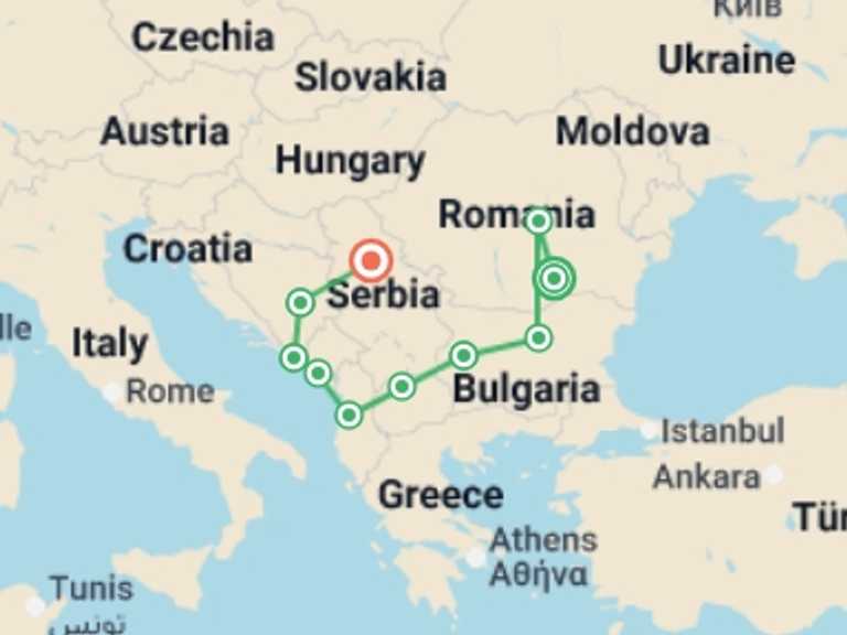 Map itinerary of Europe Tour in June 2026 with 11 destination visits for the trip: Treasures of the Balkans