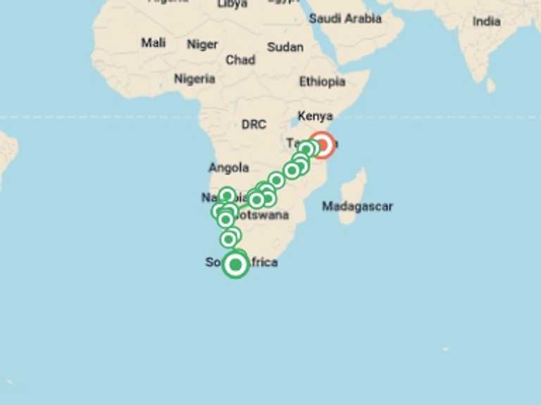Map of Windhoek Wildlife Tour with 24 destination visits for the trip: 35-day Cape Town to Zanzibar Camping