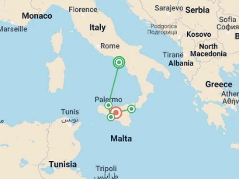 Map itinerary of Italy Tour in Summer with 6 destination visits for the trip: Southern Splendours: Campania & Sicily Discovery