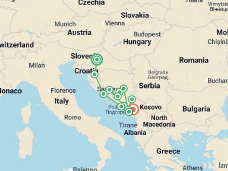 Map itinerary of Mediterranean Tour in September 2027 with 13 destination visits for the trip: Croatia to Montenegro: Nightlife & National Parks