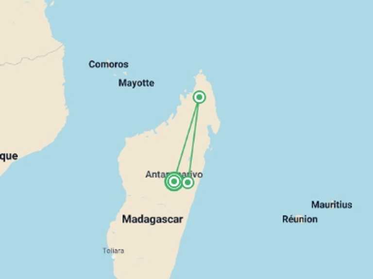 Map of Africa Walking Tour with 4 destination visits for the trip: Culture & Wildlife of Madagascar