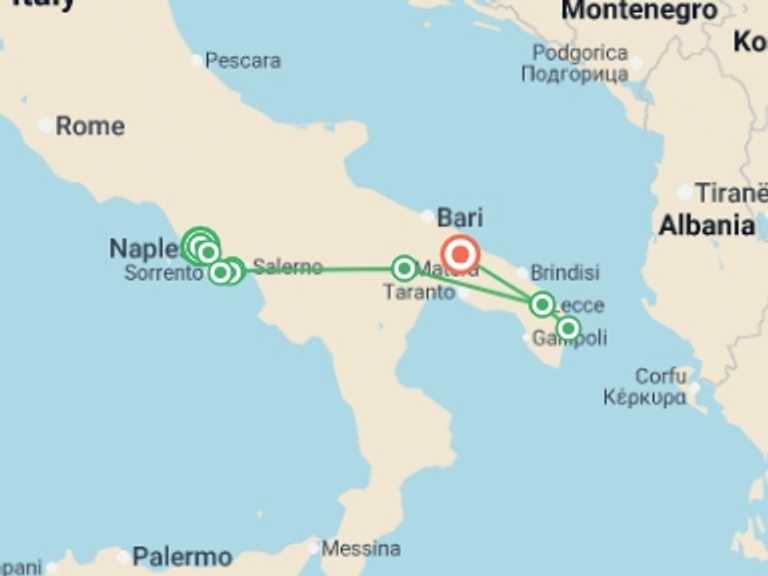 Map itinerary of Mediterranean Tour in Winter with 7 destination visits for the trip: Italy: Amalfi Coast to Puglia 