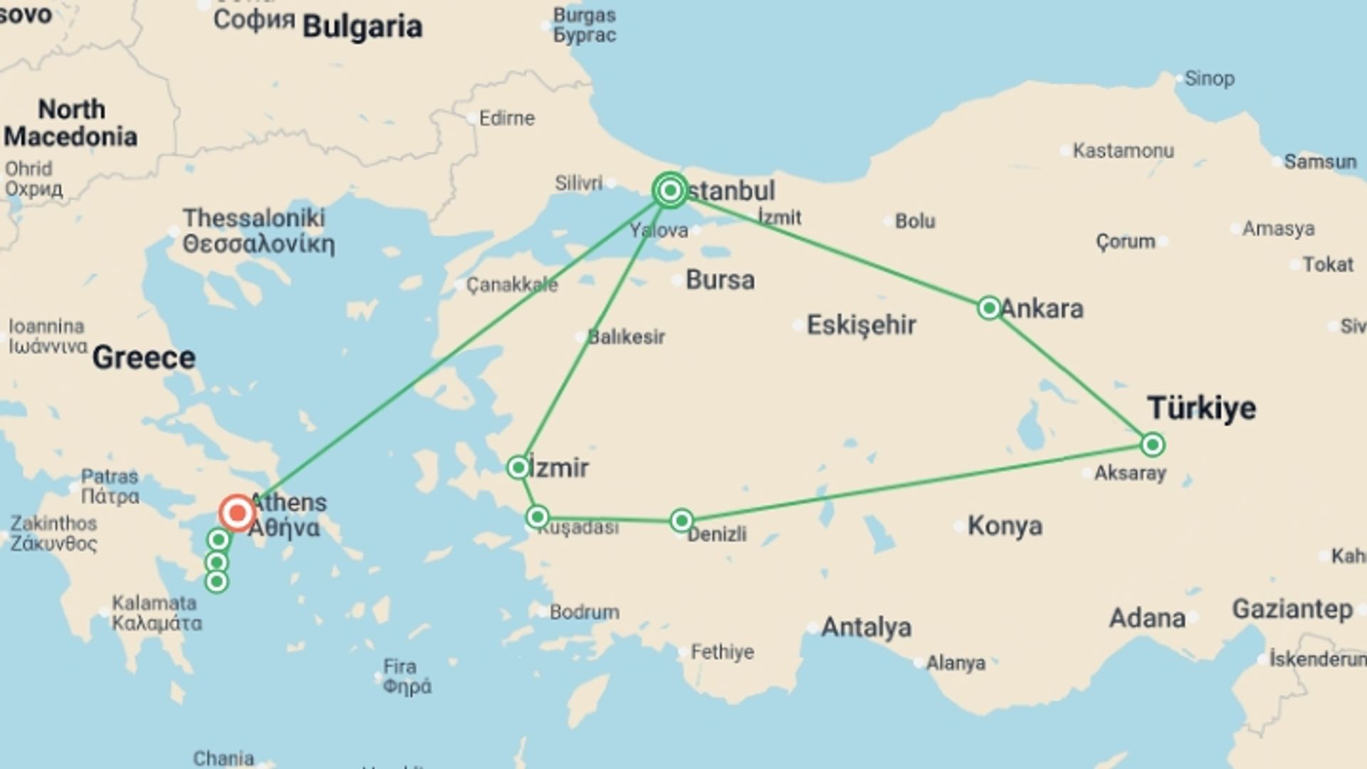 A map showing the tour itinerary for the trip: Best of Turkey & Aegean Greece - 11 days, starting in Istanbul, Turkey and ending in Athens, Greece going through 4 other destinations.