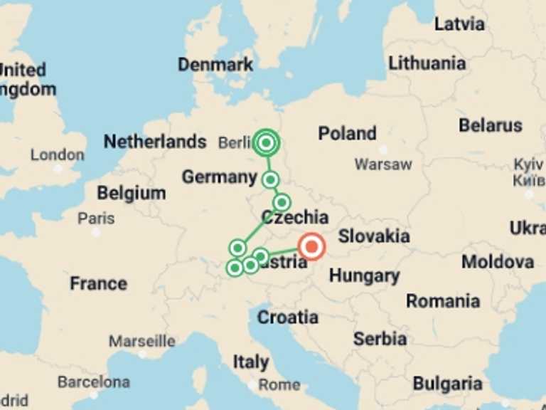 Map of 9-Day Vienna Tour with 6 destination visits for the trip: Treasures of Germany, Prague and Austria