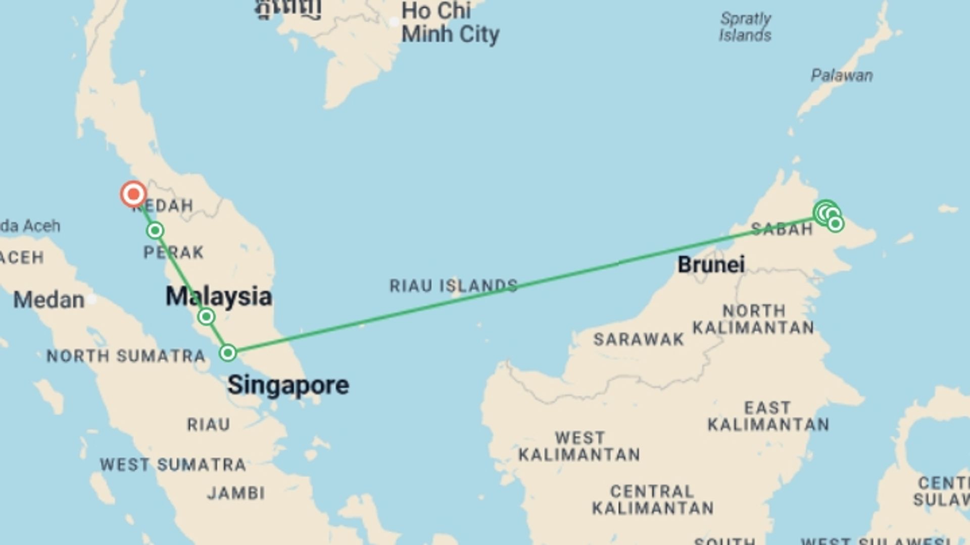 A map showing the tour itinerary for the trip: Borneo & the Malaysian Peninsula, starting in Sepilok, Malaysia and ending in Langkawi, Malaysia going through 5 other destinations.