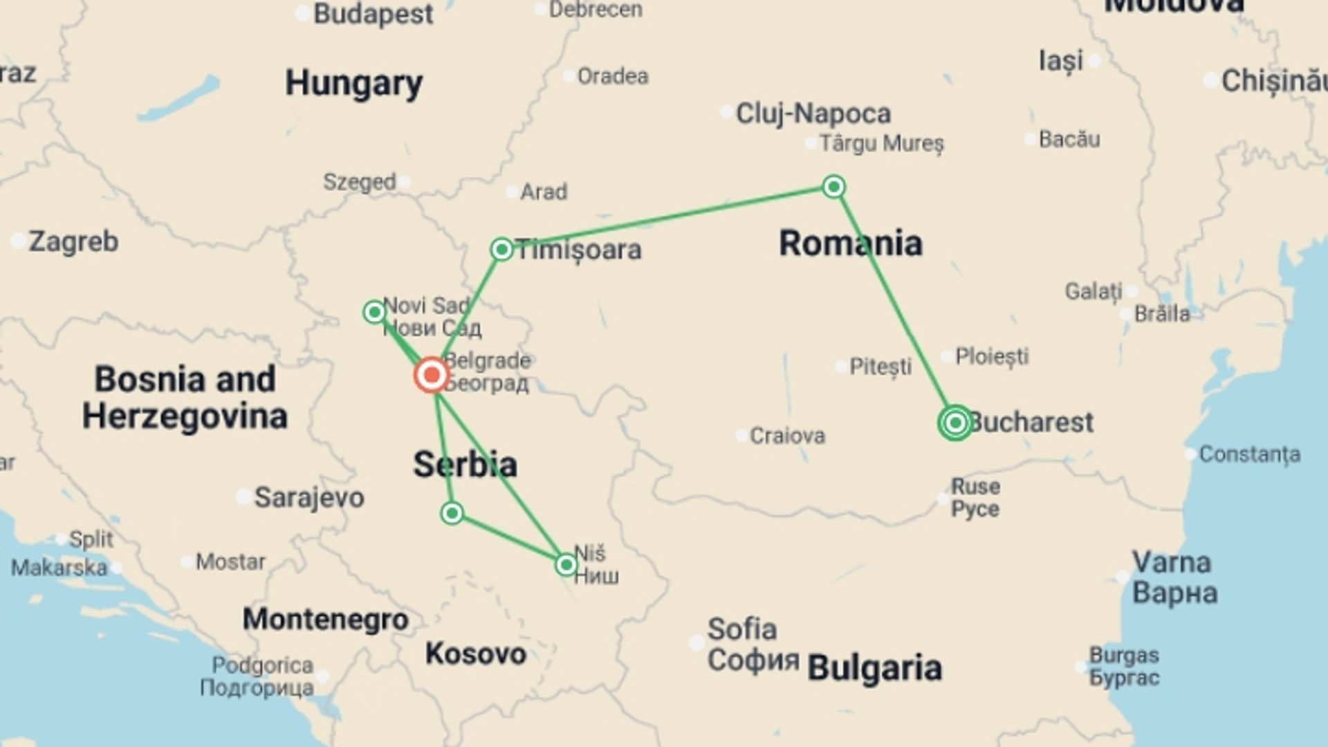 A map showing the tour itinerary for the trip: Romanian and Serbian Treasures, starting in Bucharest, Romania and ending in Belgrade, Serbia going through 5 other destinations.