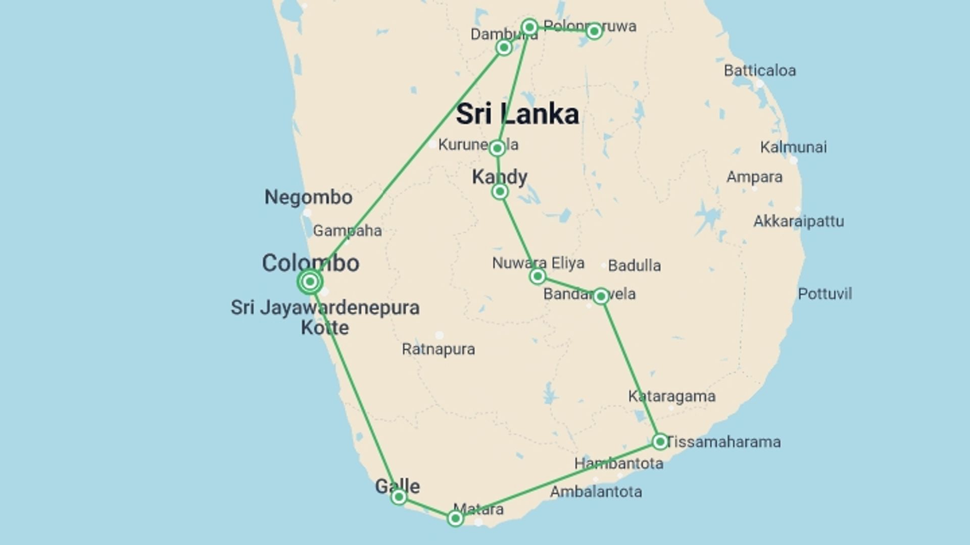 A map showing the tour itinerary for the trip: Pearl Of The Indian Ocean, Private Tour, starting in Colombo, Sri Lanka and ending in Colombo, Sri Lanka going through 5 other destinations.