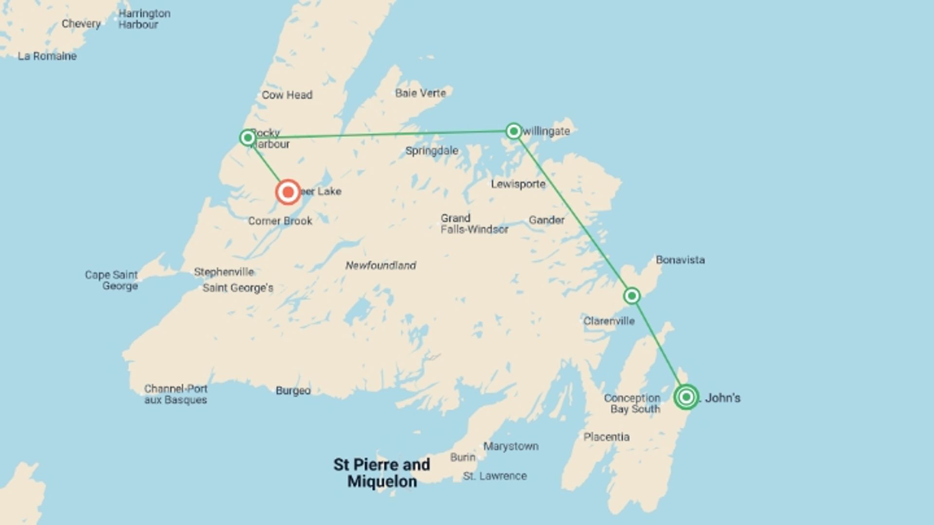 A map showing the tour itinerary for the trip: Newfoundland Adventure: Westbound, starting in St John, Canada and ending in Deer Lake, Canada going through 4 other destinations.