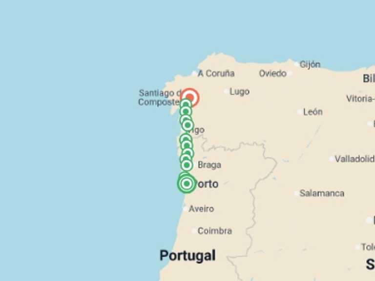 Map of Europe Tour with 12 destination visits for the trip: Portuguese Camino - Porto to Santiago