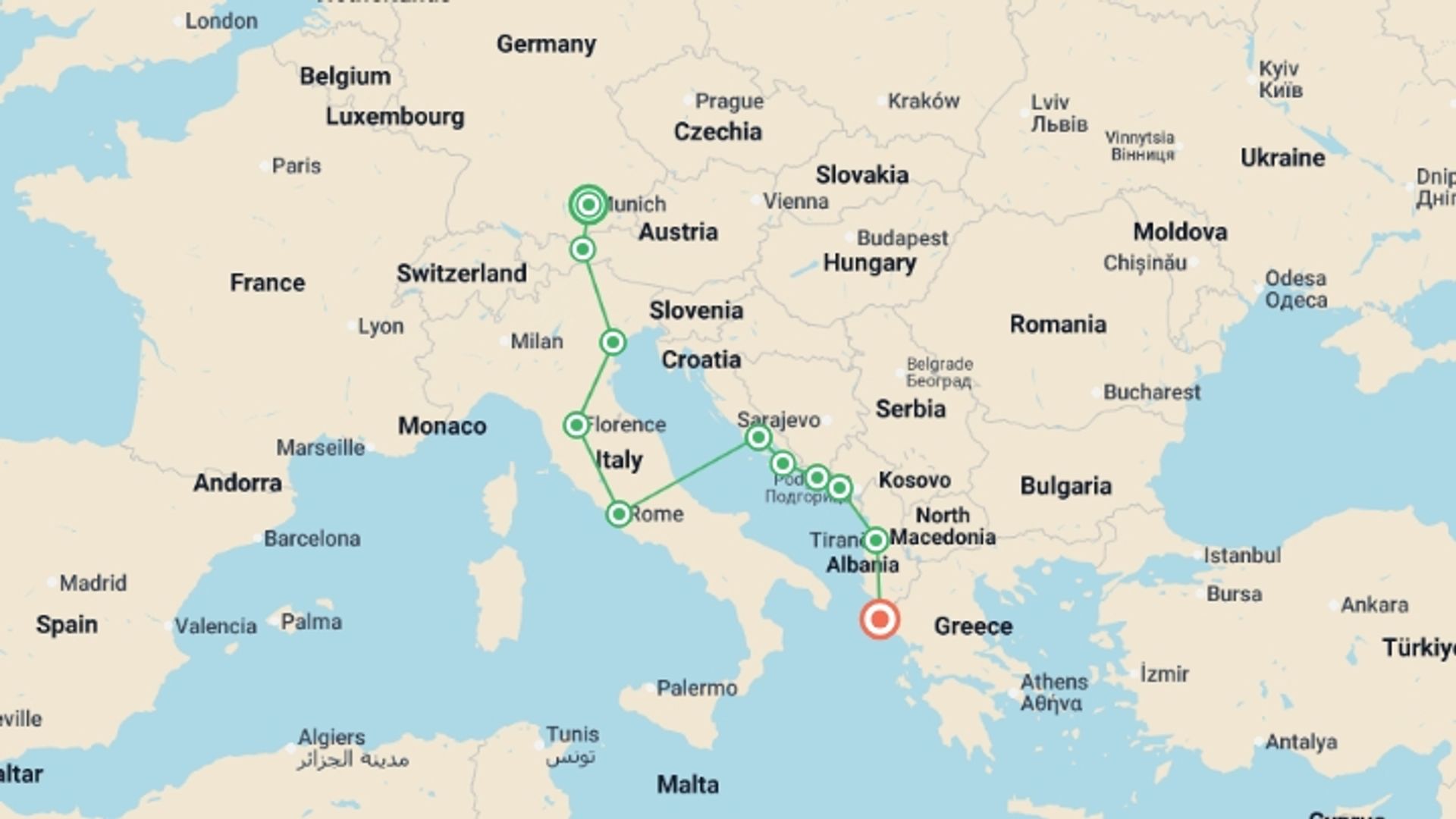 A map showing the tour itinerary for the trip: Essential Europe: Italy, Croatia & Mediterranean Magic, starting in Munich, Germany and ending in Corfu, Greece going through 9 other destinations.