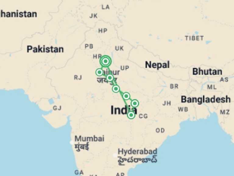 Map itinerary of Asia Tour in May 2026 with 9 destination visits for the trip: India Tiger Safari