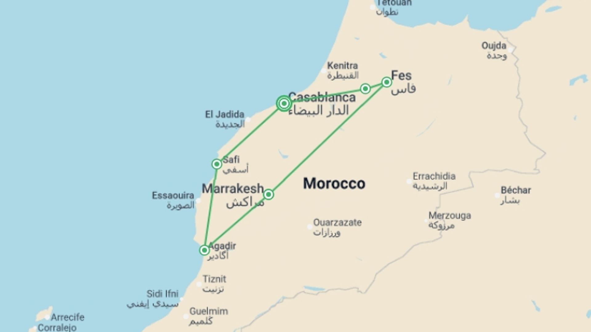 A map showing the tour itinerary for the trip: Imperial Cities and Moroccan Atlantic, starting in Casablanca, Morocco and ending in Casablanca, Morocco going through 5 other destinations.