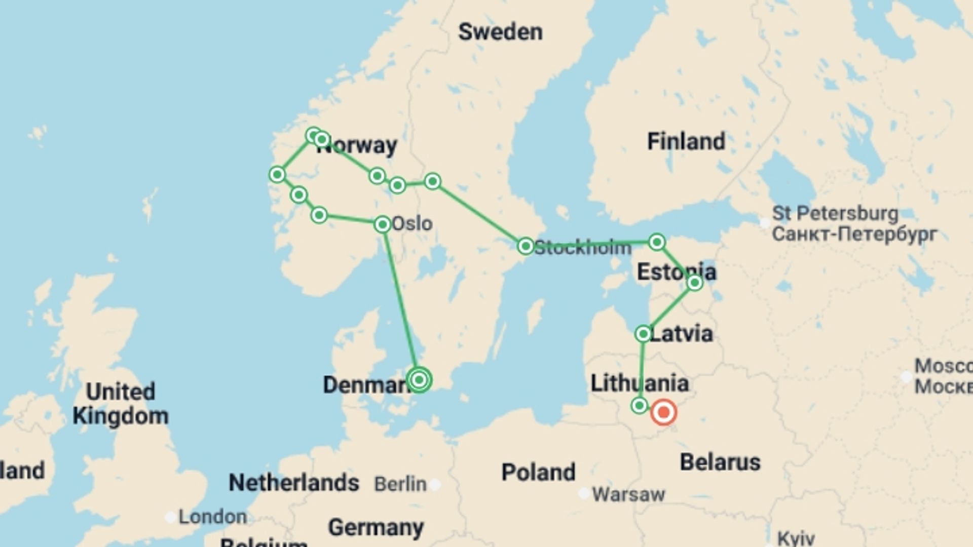 A map showing the tour itinerary for the trip: Scandinavia and Best of Baltics 35 to 45, starting in Copenhagen, Denmark and ending in Vilnius, Lithuania going through 6 other destinations.