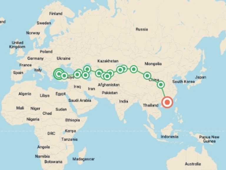 Map itinerary of Balkans Tour in April 2027 with 17 destination visits for the trip: Silk Road Railway 